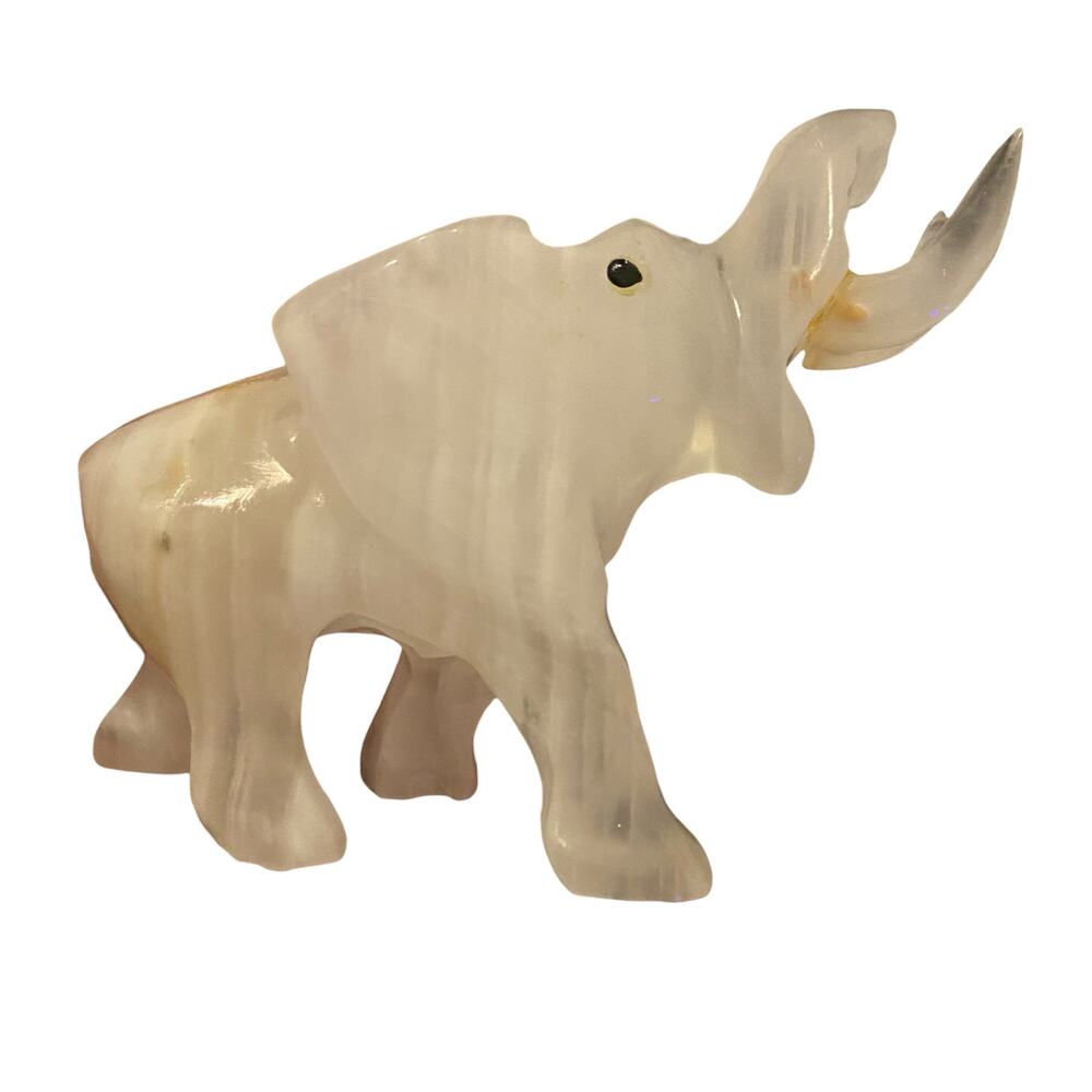 Vintage Hand Carved Elephant Onyx Quartz Lucky Trunk Up 3.5" Tall Figurine
